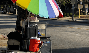 Vivid umbrella shades a street vendor stall in sunny Los Angeles, California.